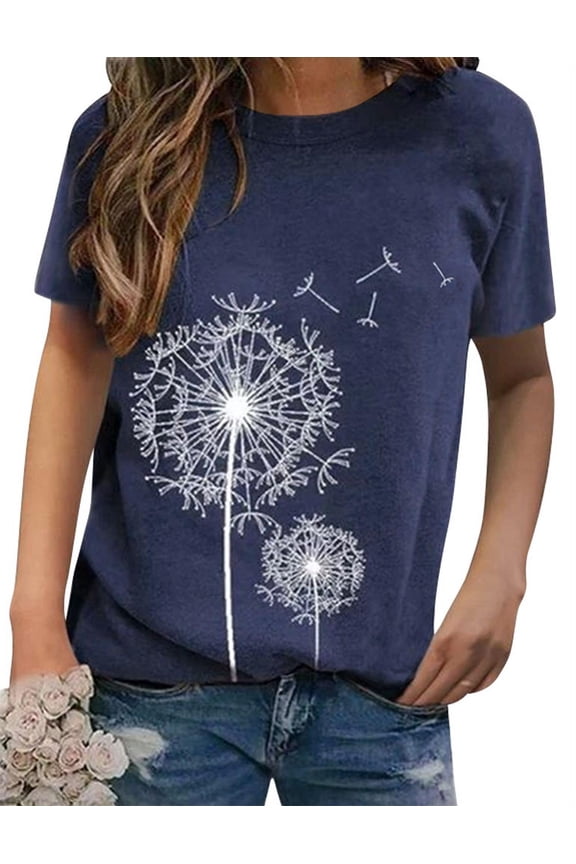 Women Crew Neck Short Sleeve Dandelion Printed Top