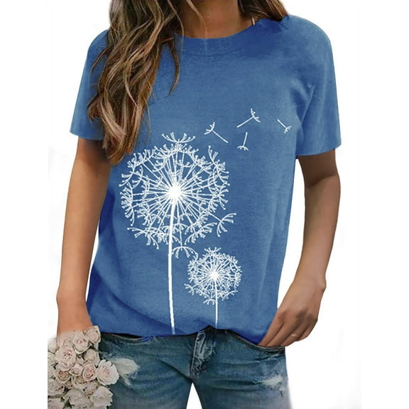 ZXSXSY Women Crew Neck Short Sleeve Dandelion Printed Top