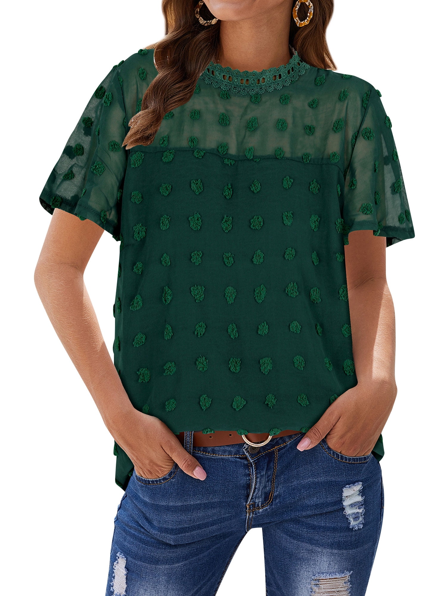 ZXSXSY Women Crochet Dots Cutout Short Sleeves Mock Neck Blouse