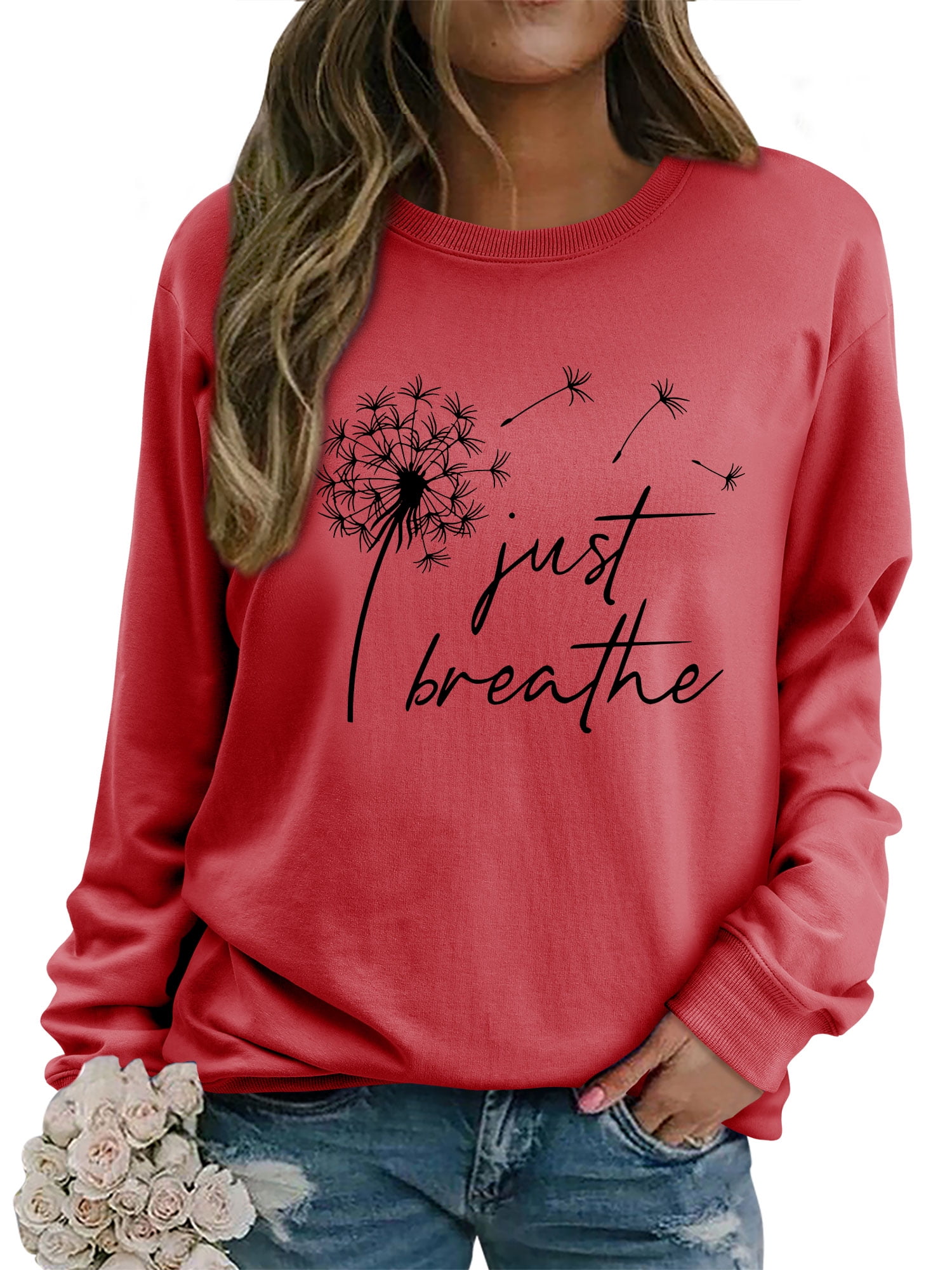 ZXSXSY Women Dandelion Just Breathe Letter Printed Crew Neck Long