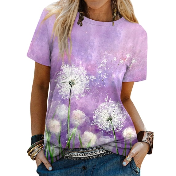 ZXSXSY Women Dandelion Print Round Neck Short Sleeve Gradient T-Shirt