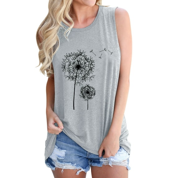 ZXSXSY Women Dandelion Printed Crew Neck Sleeveless Casual Tank Top