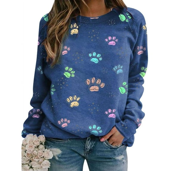 ZXSXSY Women Dogs Paw Print Graphic Pullover Long Sleeve Cute Sweatshirt