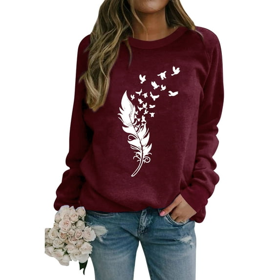 ZXSXSY Women Feather Birds Printing Graphic Pullover Long Sleeve Crew Neck Sweatshirt