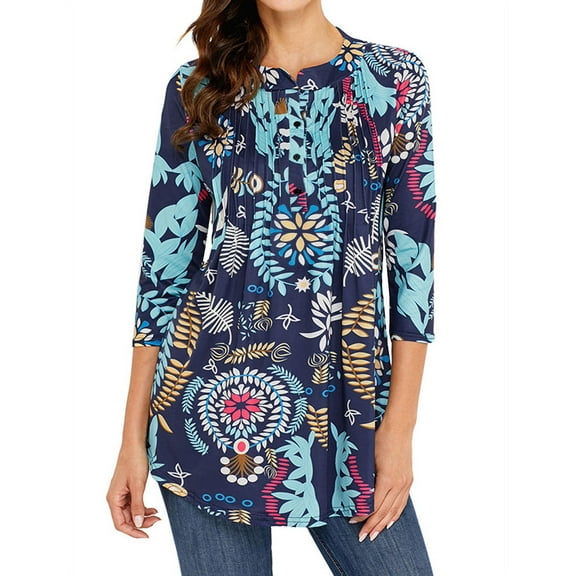 ZXSXSY Women Floral Print 3/4 Sleeve Buttons Pleated Front Blouse