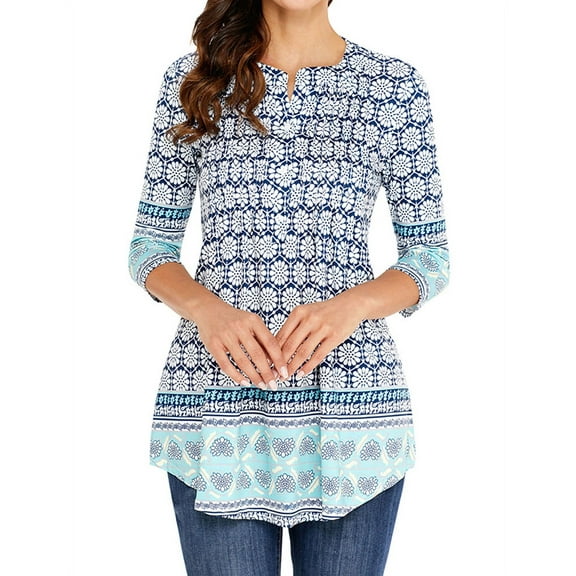 ZXSXSY Women Floral Print 3/4 Sleeve Buttons Pleated Front Blouse