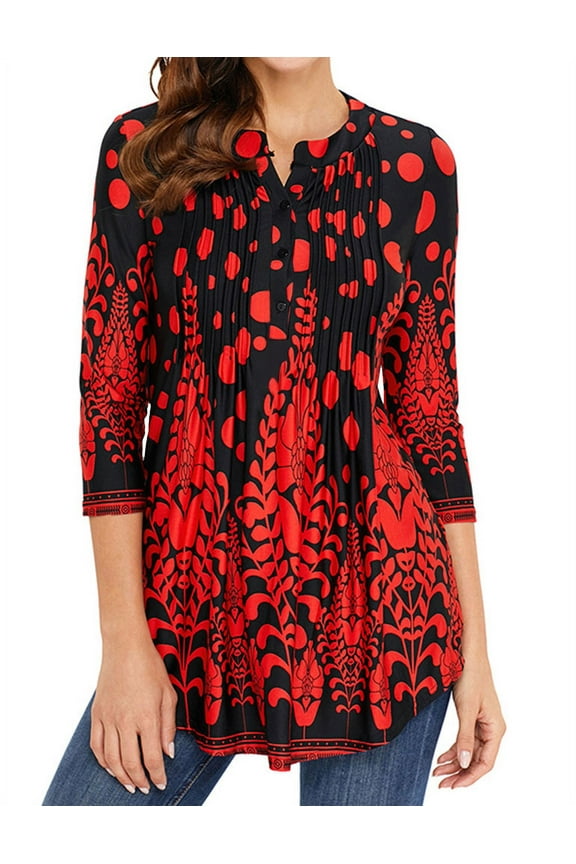 Women Floral Print 3/4 Sleeve Buttons Pleated Front Blouse