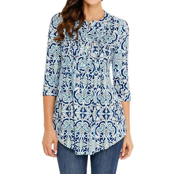 ZXSXSY Women Floral Print 3/4 Sleeve Buttons Pleated Front Blouse