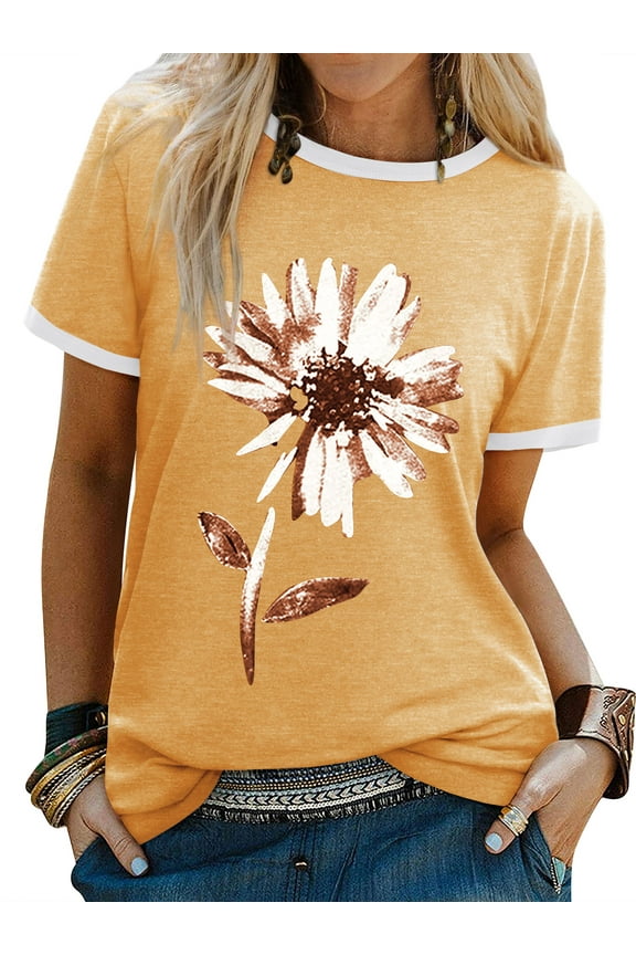 Women Floral Printed Round Neck Short Sleeves Top