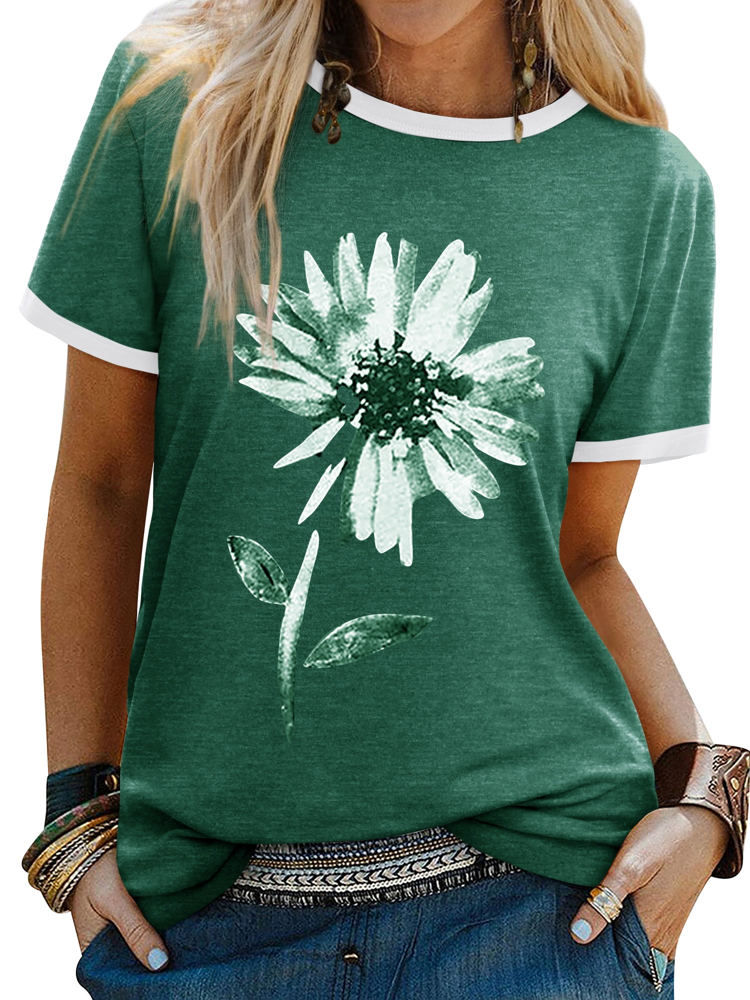 m ZXSXSY Women Floral Printed Round Neck Short Sleeves Top