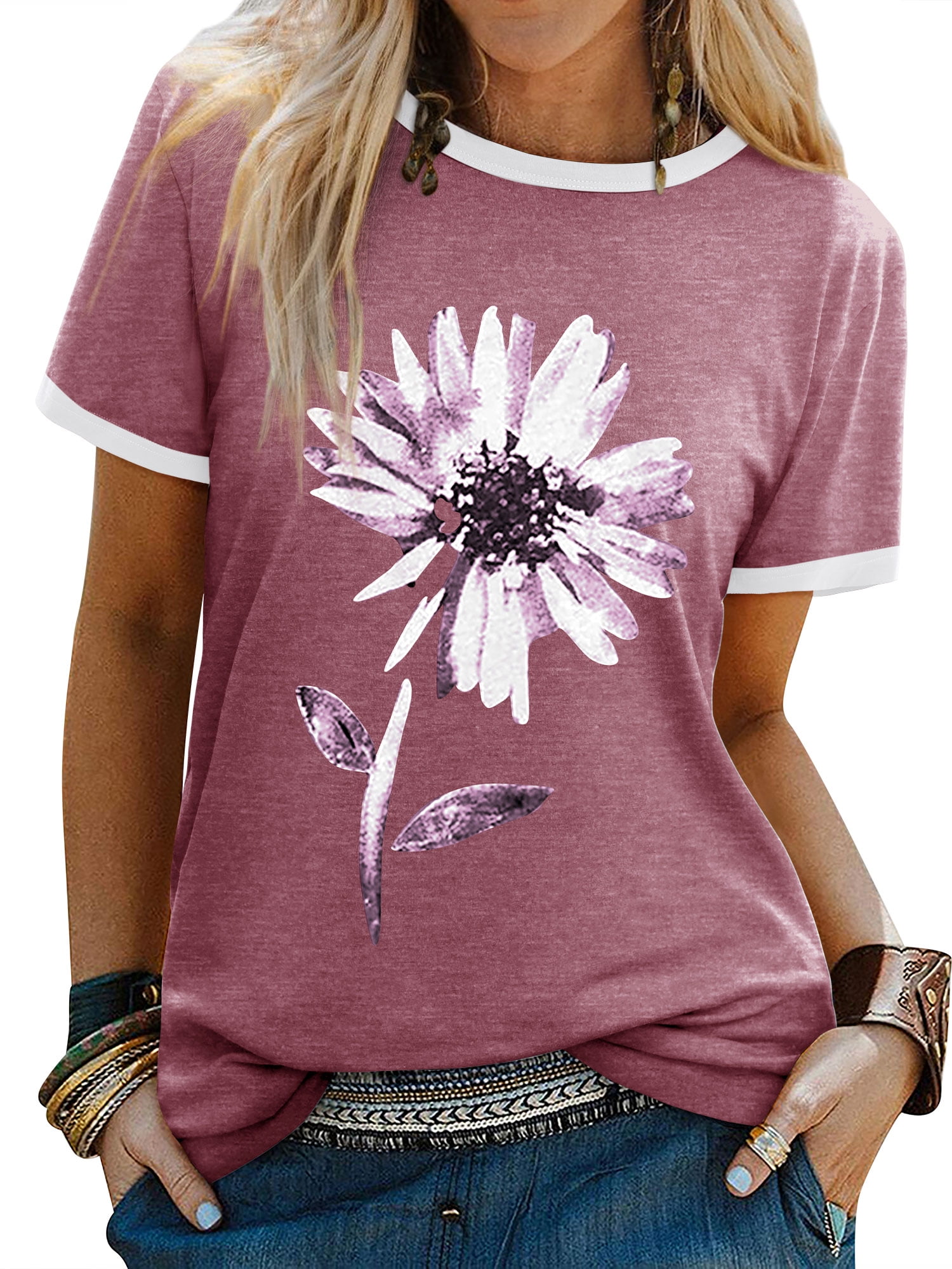 ZXSXSY Women Floral Printed Round Neck Short Sleeve Tee, Plus Size