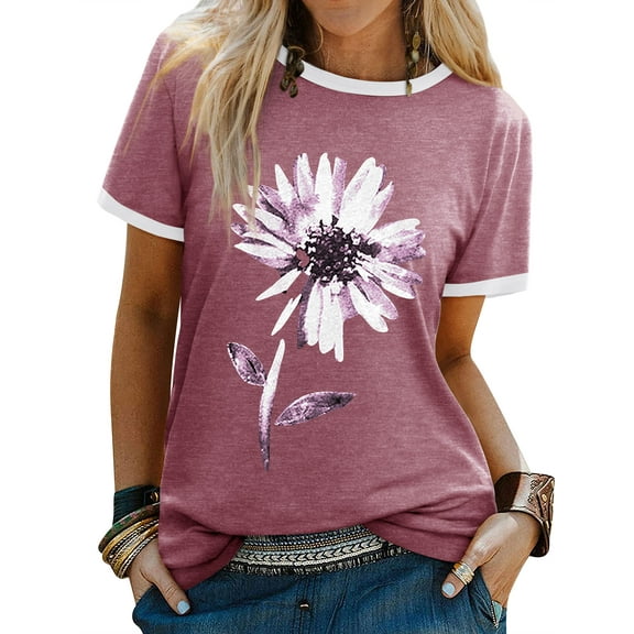ZXSXSY Women Floral Printed Round Neck Short Sleeves Top