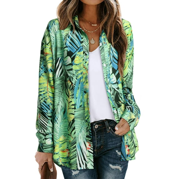 ZXSXSY Women Hawaiian Shirts Long Sleeve Buttons Down Tropical Floral Print Holiday Beach Blouse
