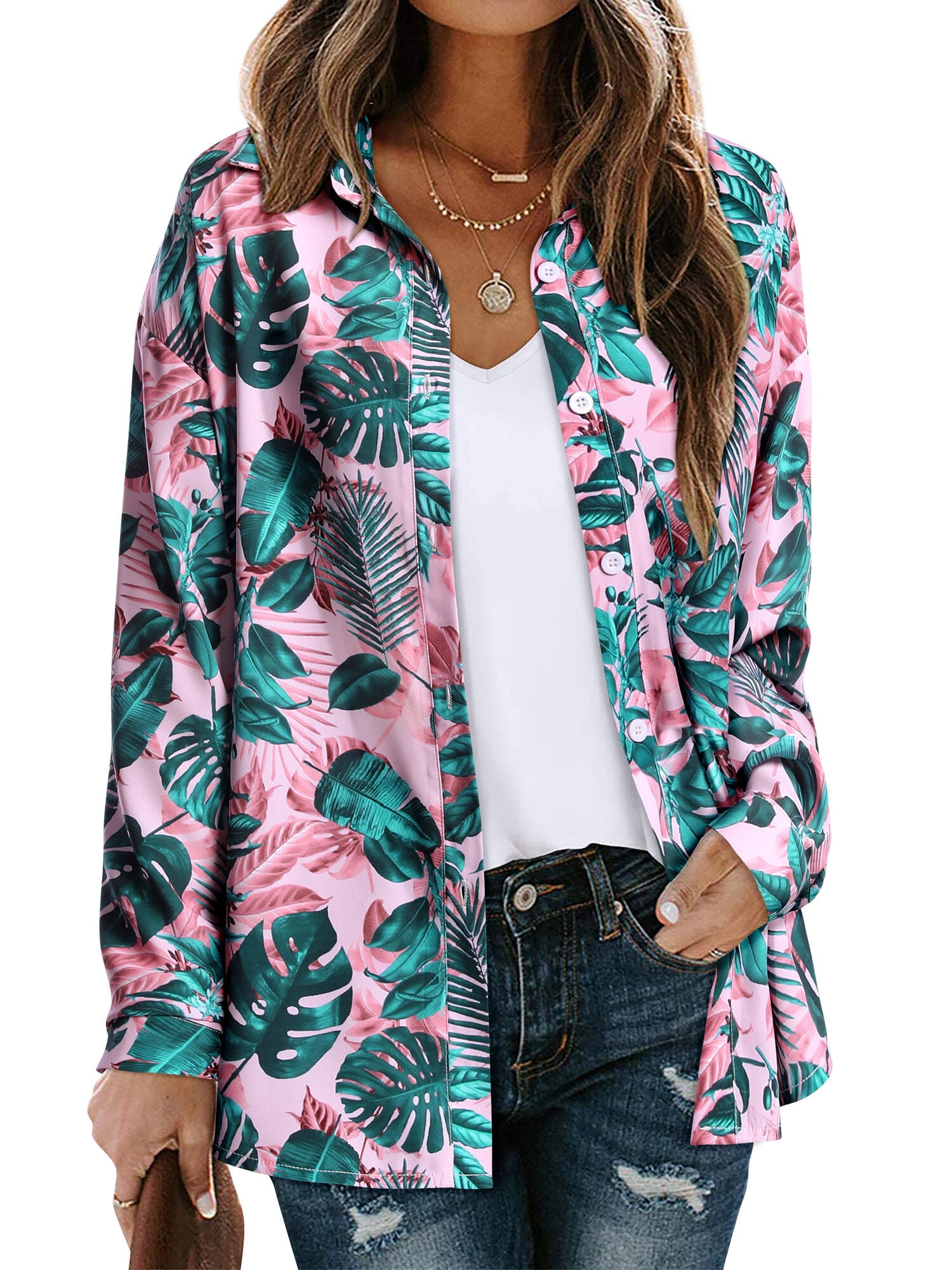 ZXSXSY Women Hawaiian Shirts Long Sleeve Buttons Down Tropical