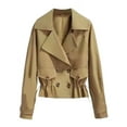 thumbnail image 1 of ZXSXSY Women Lapel Collar Elastic Drawstring Double-breasted Cropped Trench Coat, 1 of 2