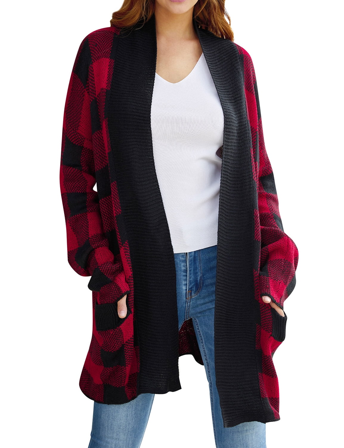 ZXSXSY Women Plaid Printed Open Front Pockets Long Sleeve