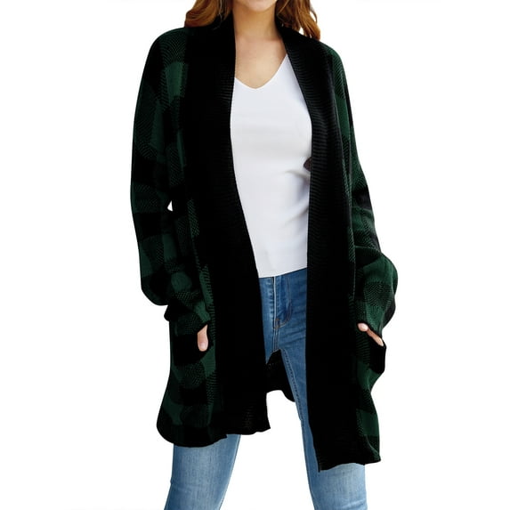 ZXSXSY Women Plaid Printed Open Front Pockets Long Sleeve Winter Sweater Cardigan