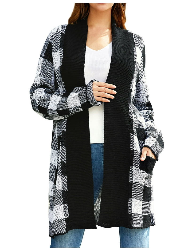 写真 ZXSXSY Women Plaid Printed Open Front Pockets Long Sleeve Winter