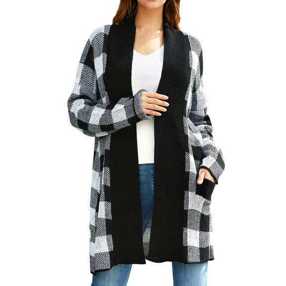 ZXSXSY Women Plaid Printed Open Front Pockets Long Sleeve Winter Sweater Cardigan
