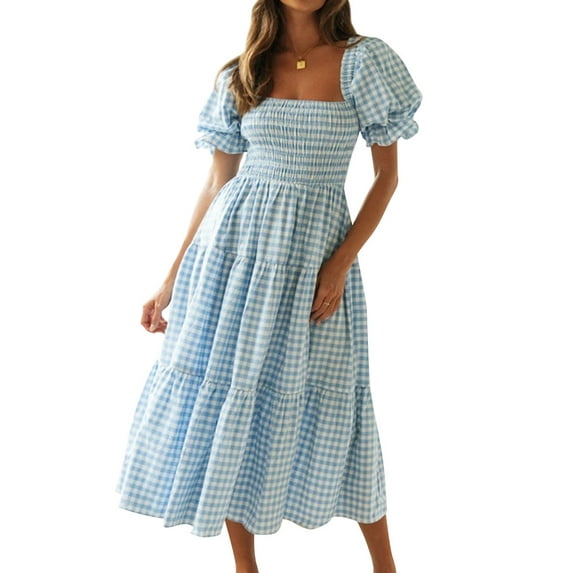 ZXSXSY Women Plaid Square Neck Elastic Chest Puff Sleeve Open Back Ruffled Midi Dress