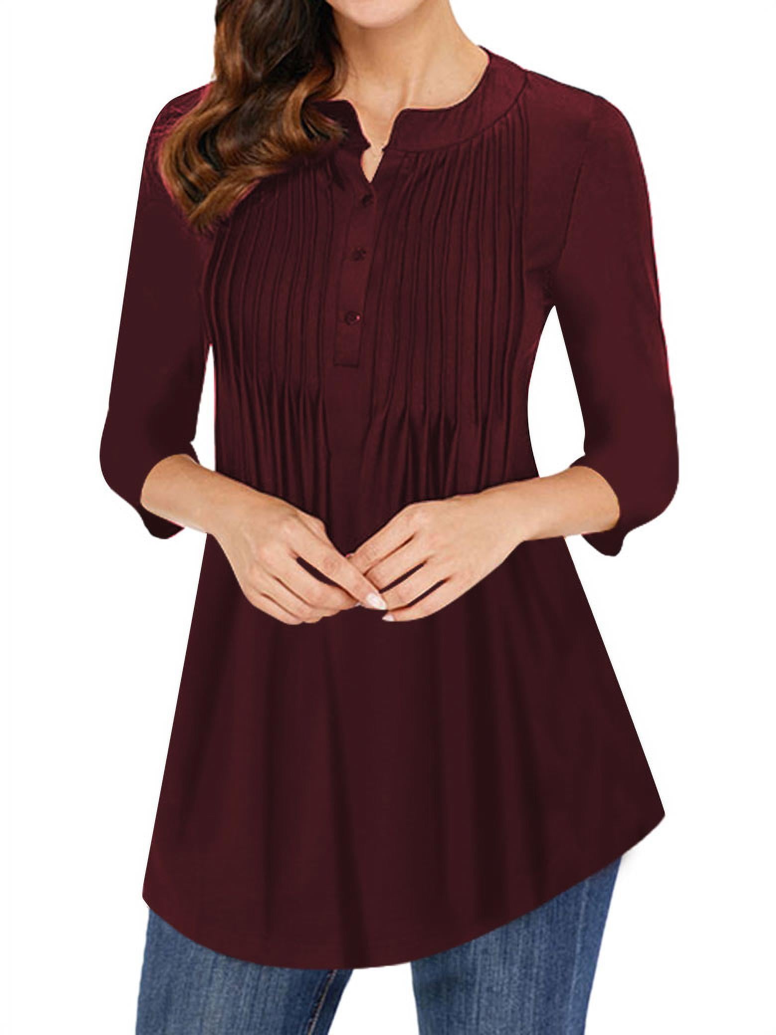 専用(*´-`) ZXSXSY Women Pleated Button Notch Neck 3/4 Sleeves Scoop Hem Plain