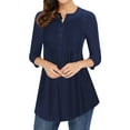 thumbnail image 1 of ZXSXSY Women Pleated Button Notch Neck 3/4 Sleeves Scoop Hem Plain Blouse, 1 of 11