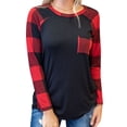 thumbnail image 1 of ZXSXSY Women Red Black Plaid Spliced Long Sleeves Pocket Front Round Neck Top, 1 of 6