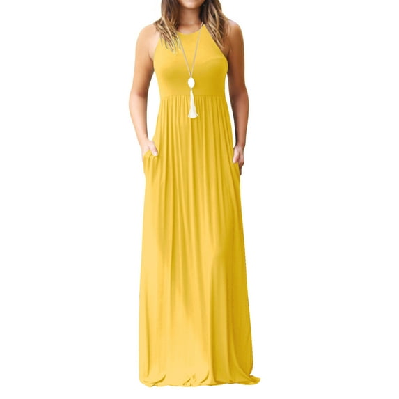 ZXSXSY Women Round Neck Sleeveless Pure Color Long Dress with Pocket