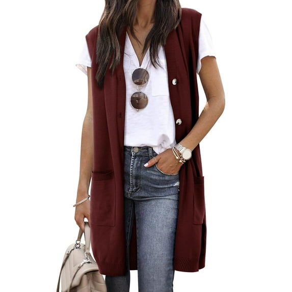 ZXSXSY Women Sleeveless Buttons Solid Color Knitted Sweater Vest Cardigan with Pockets