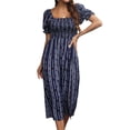 thumbnail image 1 of ZXSXSY Women Smocked Print Square Neck Puff Sleeve Side Split Hem Midi Dress, 1 of 7