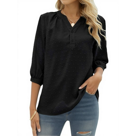 ZXSXSY Women Swiss Dots Henley Neck Button Up 3/4 Sleeve Blouse