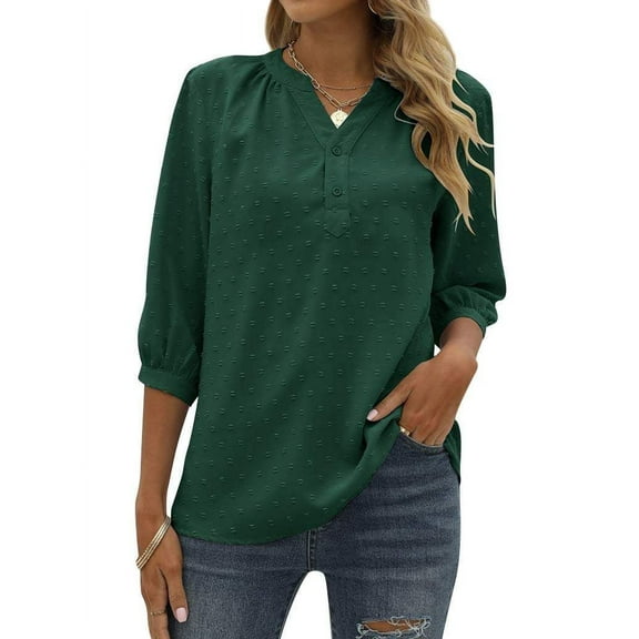 ZXSXSY Women Swiss Dots Henley Neck Button Up 3/4 Sleeve Blouse