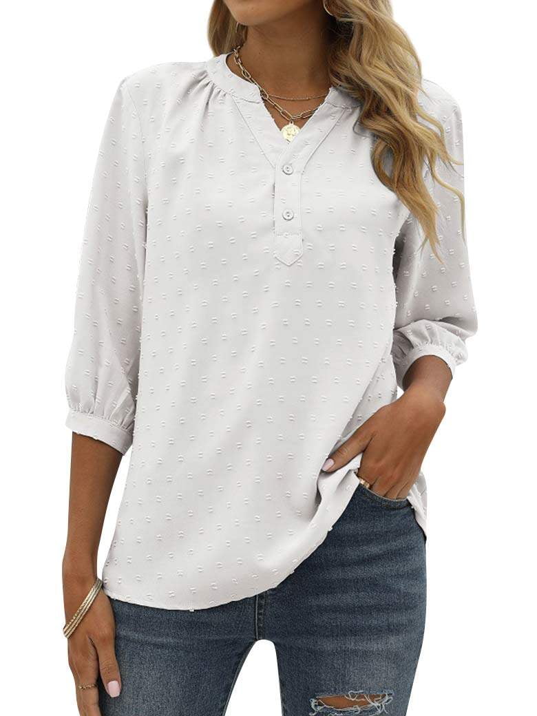 トップス docking hem tops ZXZY Women's Swiss Dots Henley Neck Button Up 3/4 Sleeve