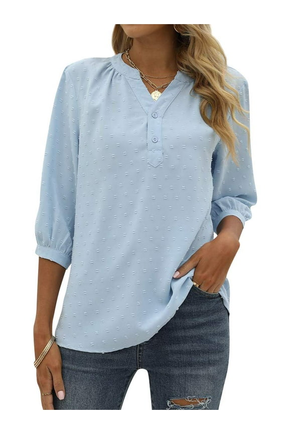 Women Swiss Dots Henley Neck Button Up 3/4 Sleeve Blouse