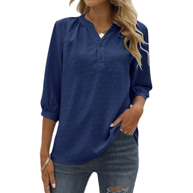 ZXSXSY Women Swiss Dots Henley Neck Button Up 3/4 Sleeve Blouse
