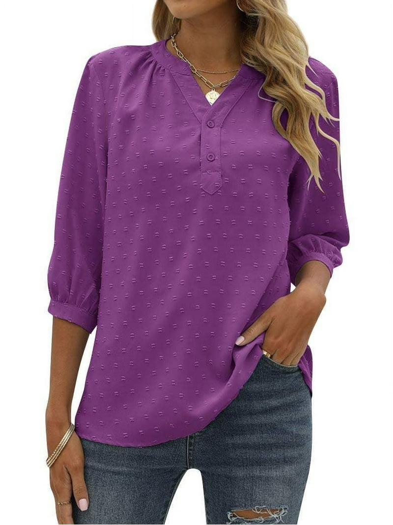 ZXZY Women's Swiss Dots Henley Neck Tunic Tops, Button Up 3/4