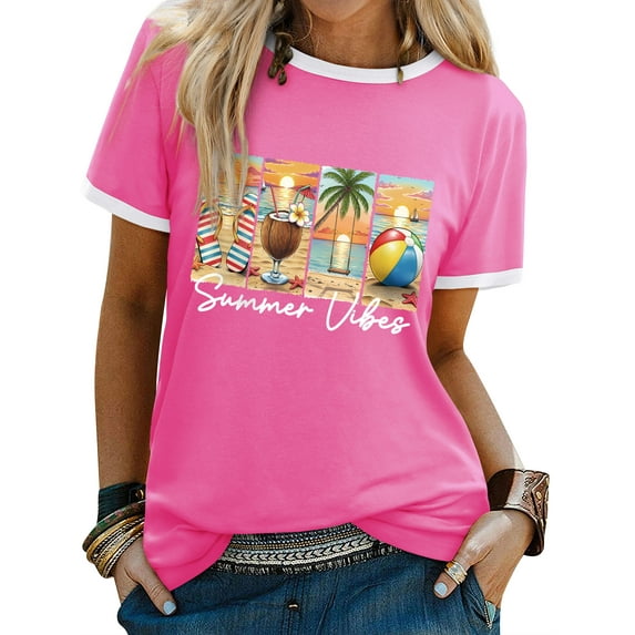 ZXSXSY Graphic Tees Women Summer Vibes Shirts Beach Print Crew Neck Short Sleeve T-Shirts
