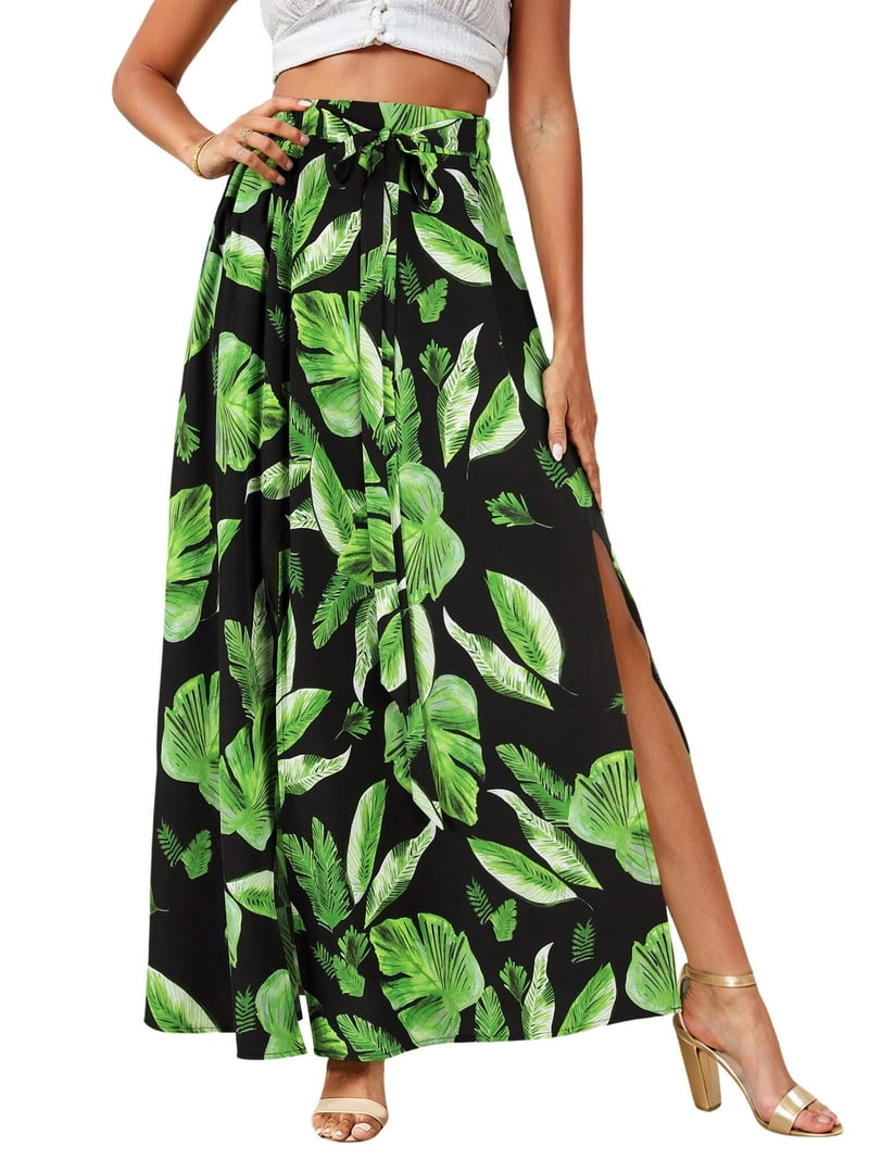ZXSXSY Women Tie Front Elastic Waist Slit Long Skirt