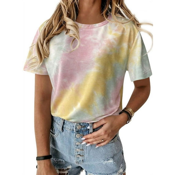 ZXSXSY Women Tie-dye Printed Short Sleeves Color Block Top