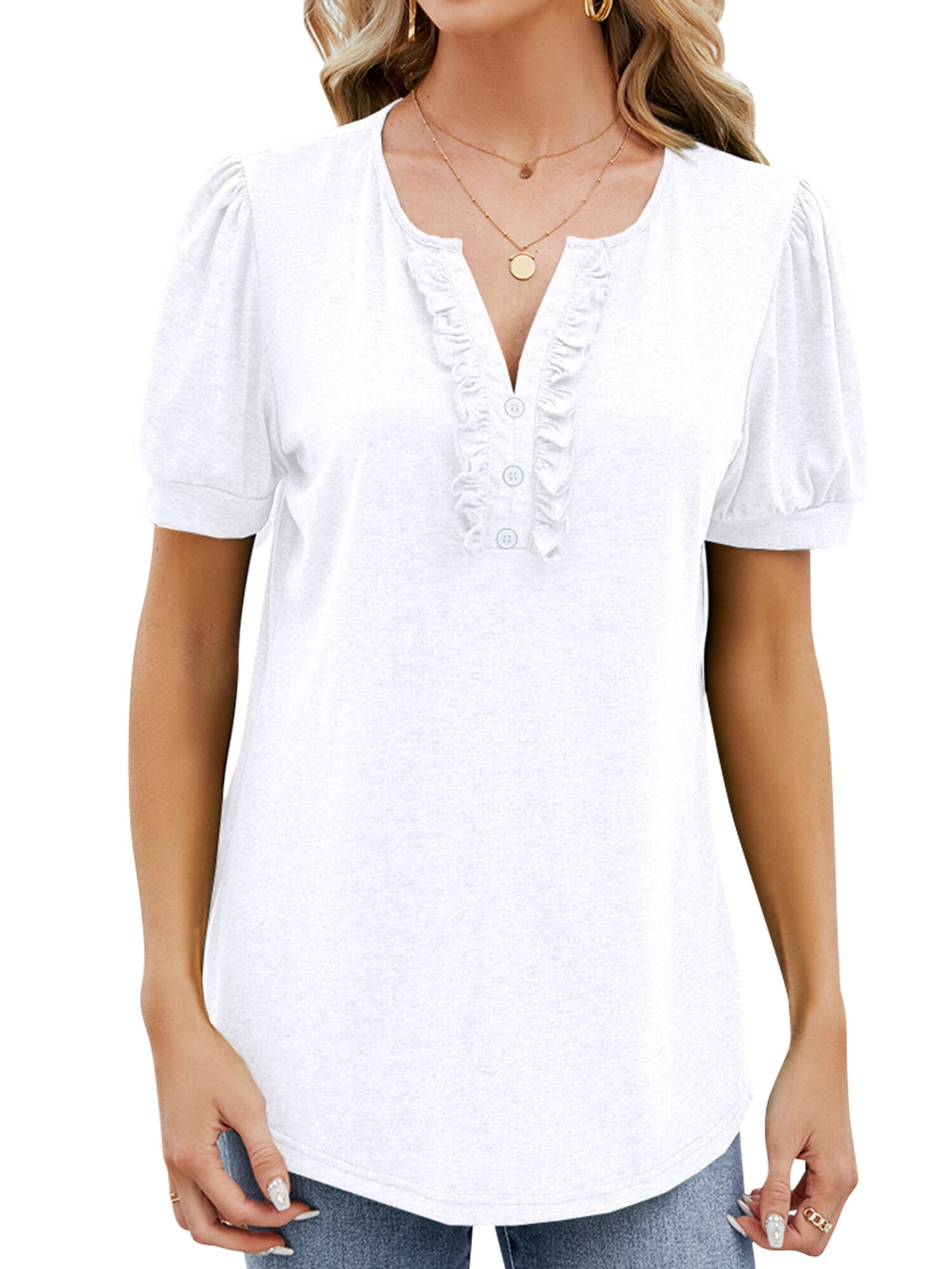 ZXSXSY Women's Buttons V Neck Puff Short Sleeve Tunic Top