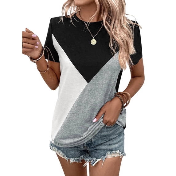 ZXSXSY Women's Contrast Color Crew Neck Short Sleeve T-Shirt