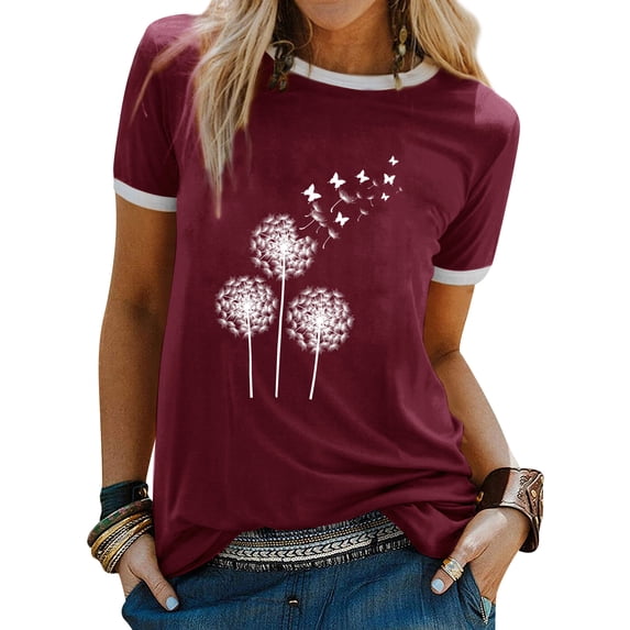 ZXSXSY Women's Contrast Trim Dandelion and Butterfly Print Round Neck Short Sleeve Graphic T Shirt