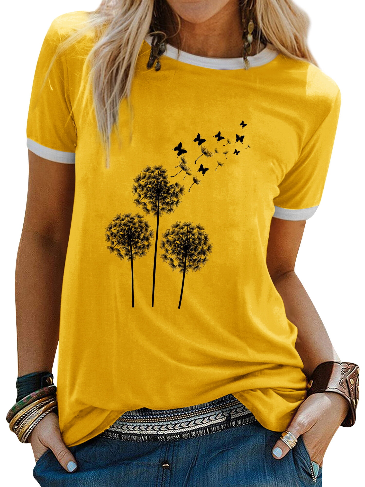 ♡6月〜 ZXSXSY Women's Contrast Trim Dandelion and Butterfly Print Round