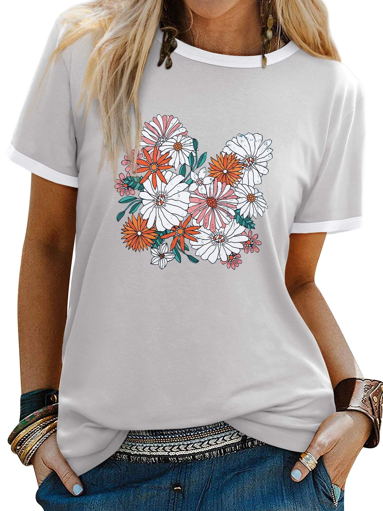 ZXSXSY Women's Contrast Trim Floral Print Round Neck Short Sleeve