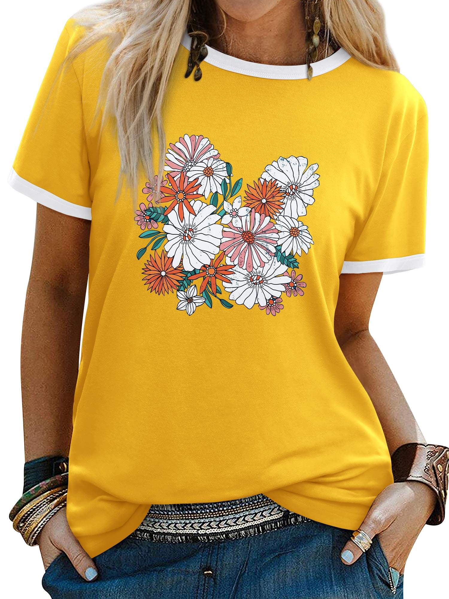 flower様 ZXSXSY Women's Contrast Trim Floral Print Round Neck Short Sleeve