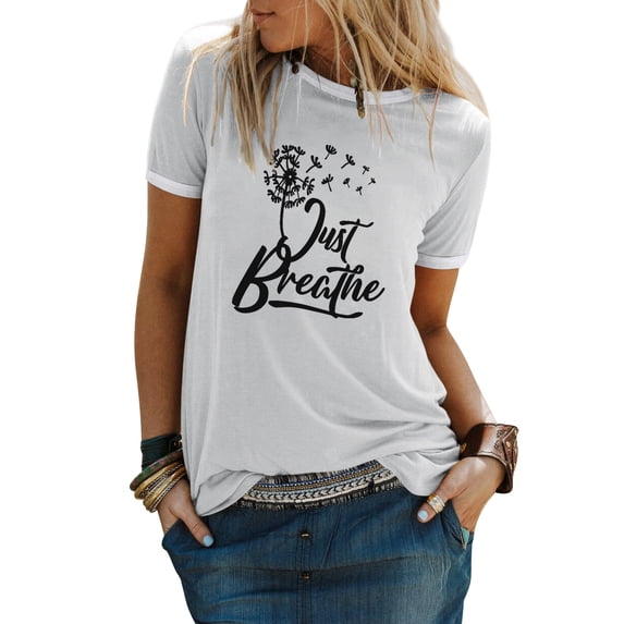 ZXSXSY Women's Contrast Trim Just Breathe Dandelion Graphic Round Neck Short Sleeve T Shirt