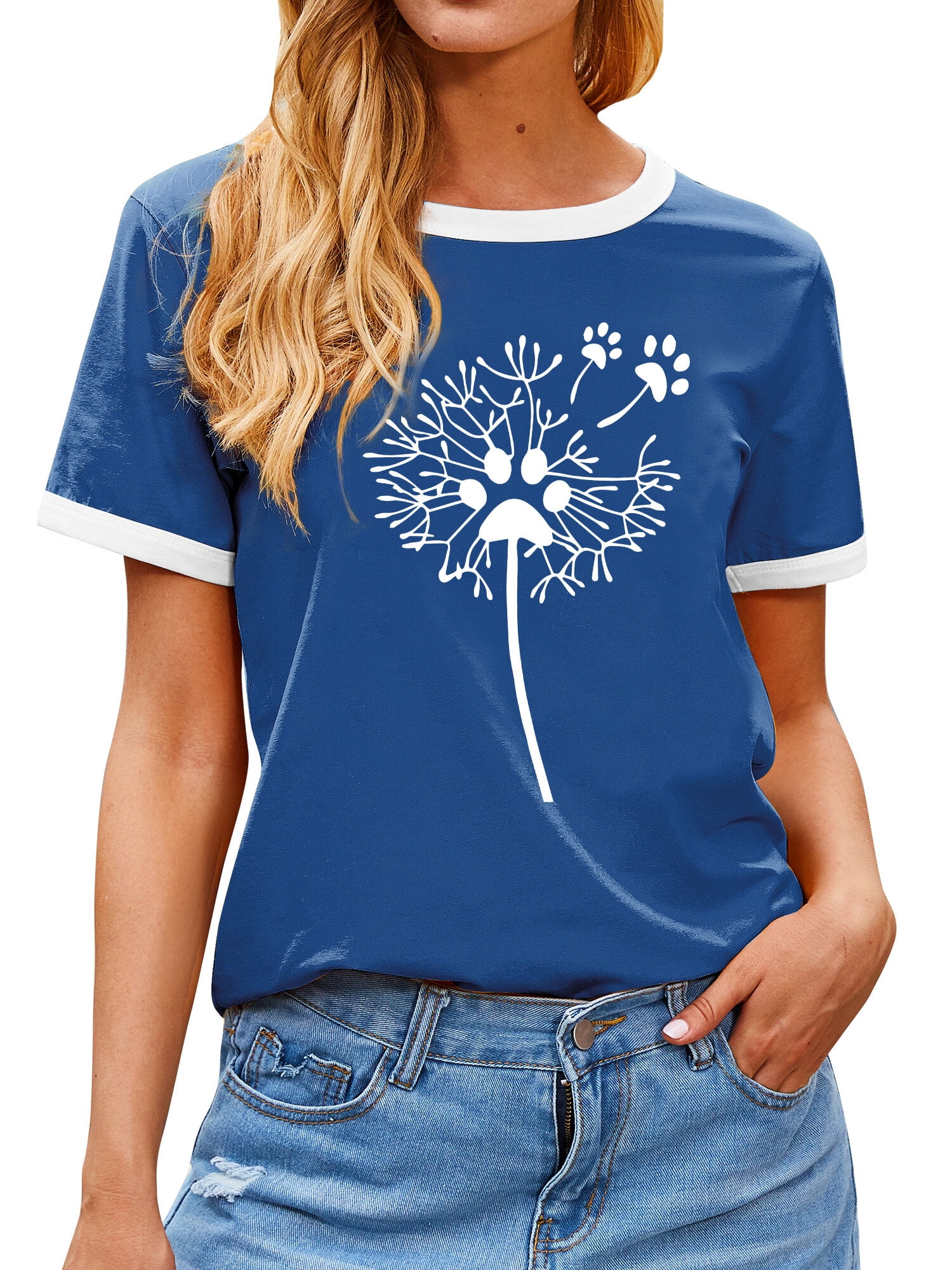 ＊ ZXSXSY Women's Dandelion Paw Print Graphic Crew Neck Short Sleeve