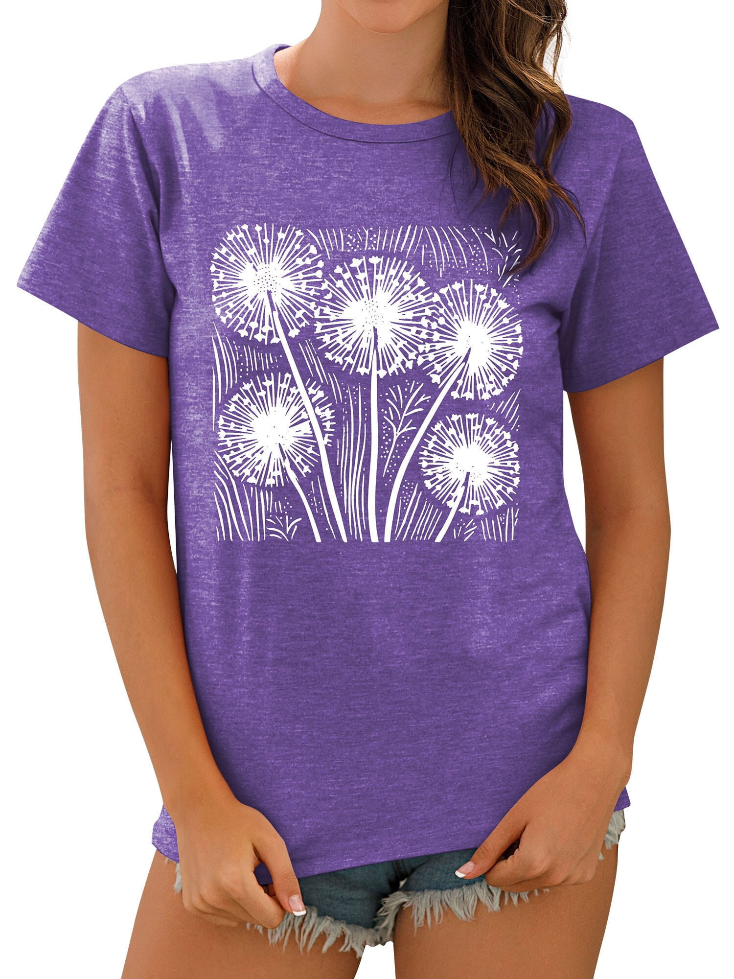 ZXSXSY Women's Dandelion Print Crew Neck Short Sleeve T-Shirt