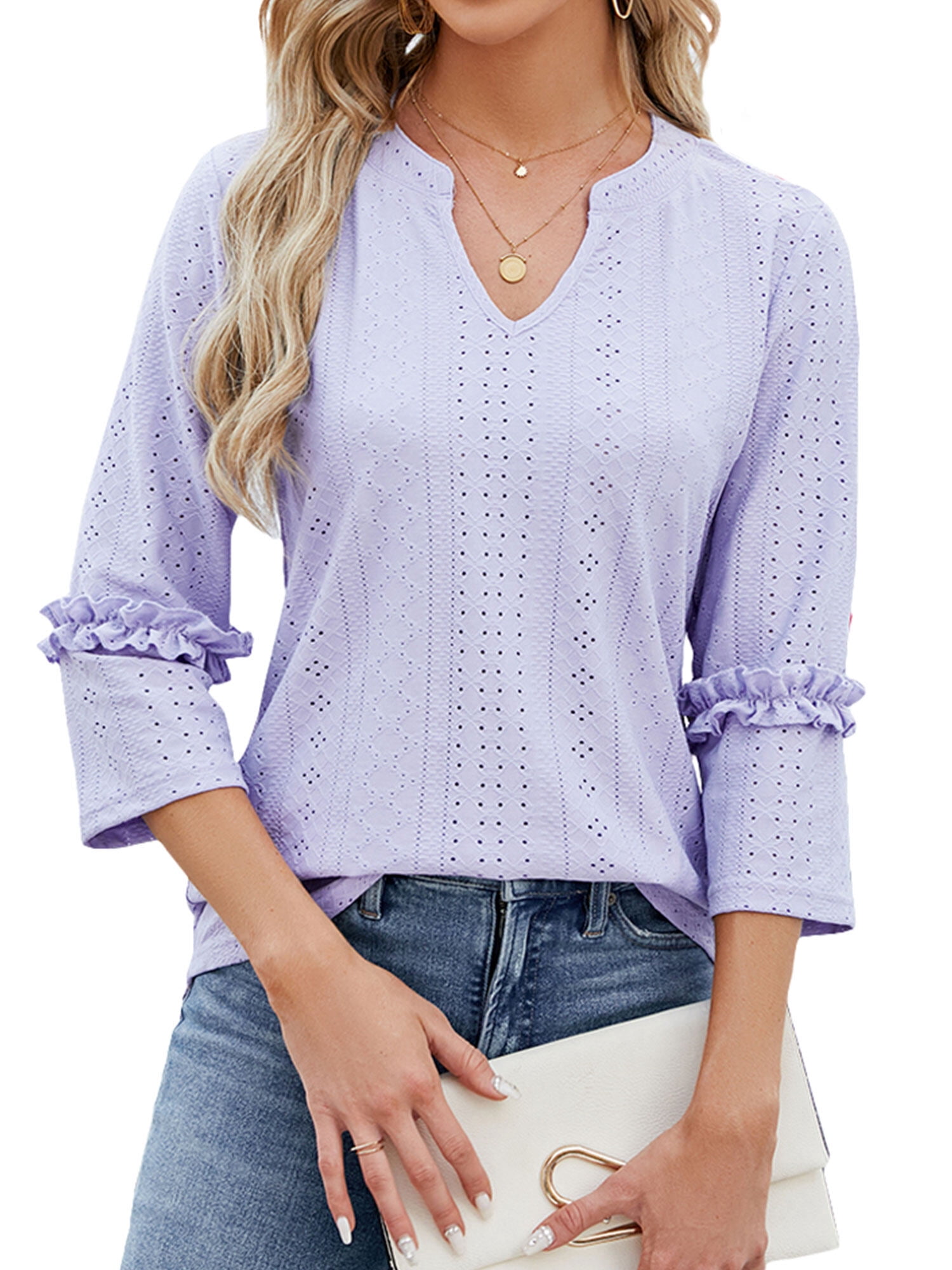 ZXSXSY Women's Elegant Eyelet V-Neck 3/4 Sleeve Blouse - Walmart