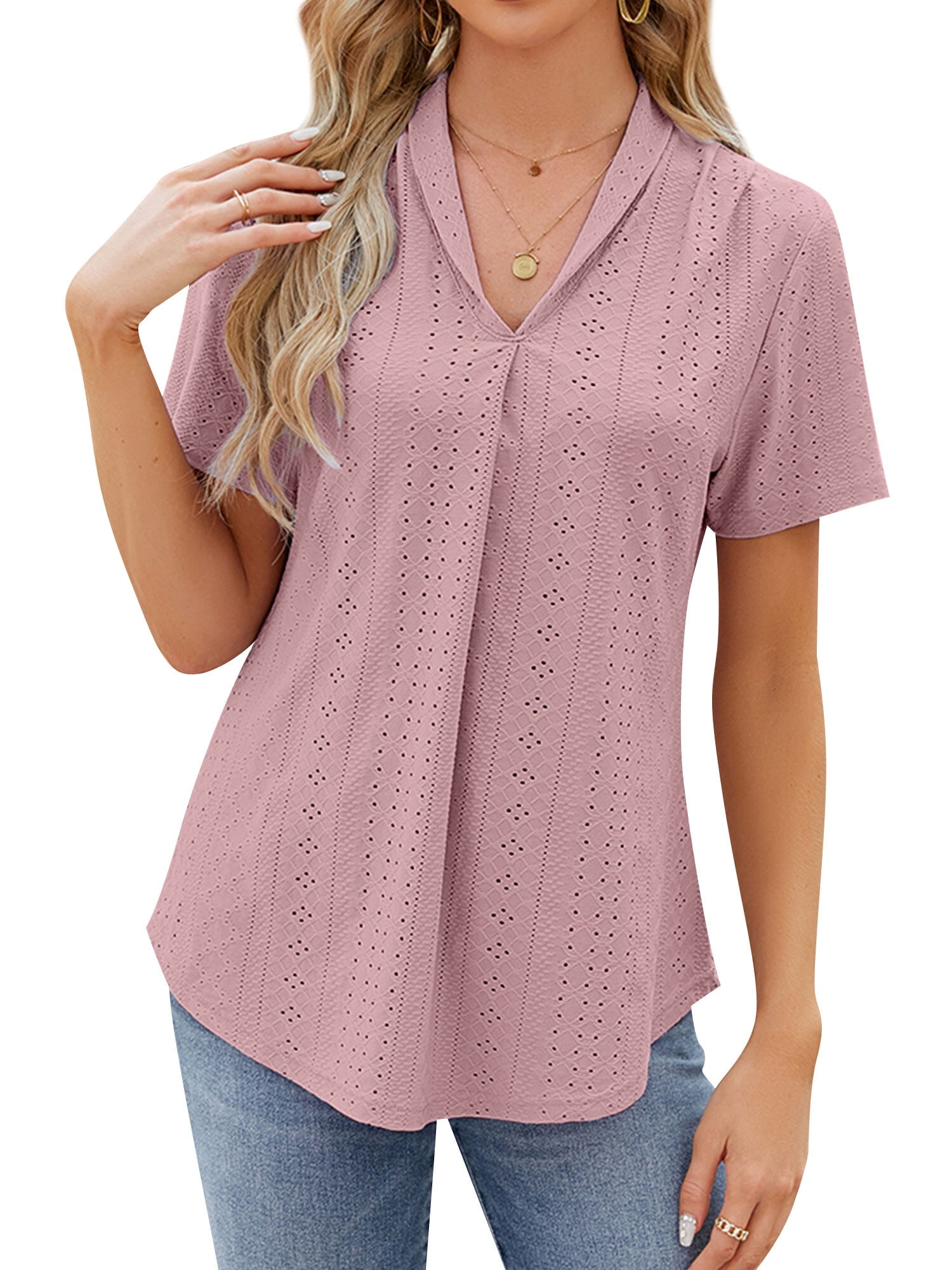 ZXSXSY Women's Eyelet V Neck Short Sleeve Solid Color Blouse